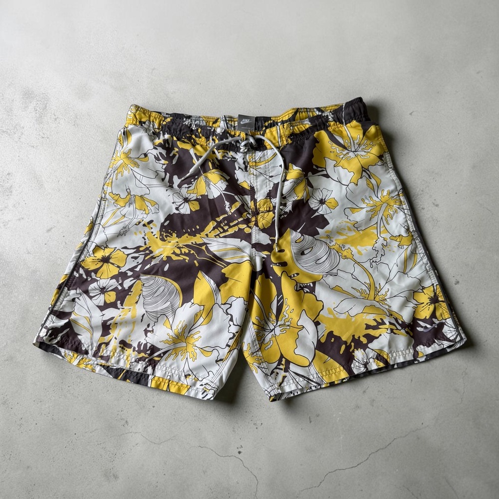 Vintage 90s Nike Silver Tab Swim Trunks Mens Large Yellow Floral Board Shorts